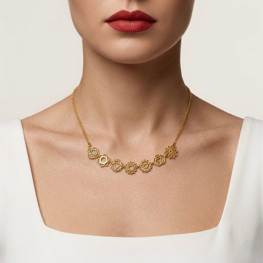 Gold necklace worn by a model with a plain background