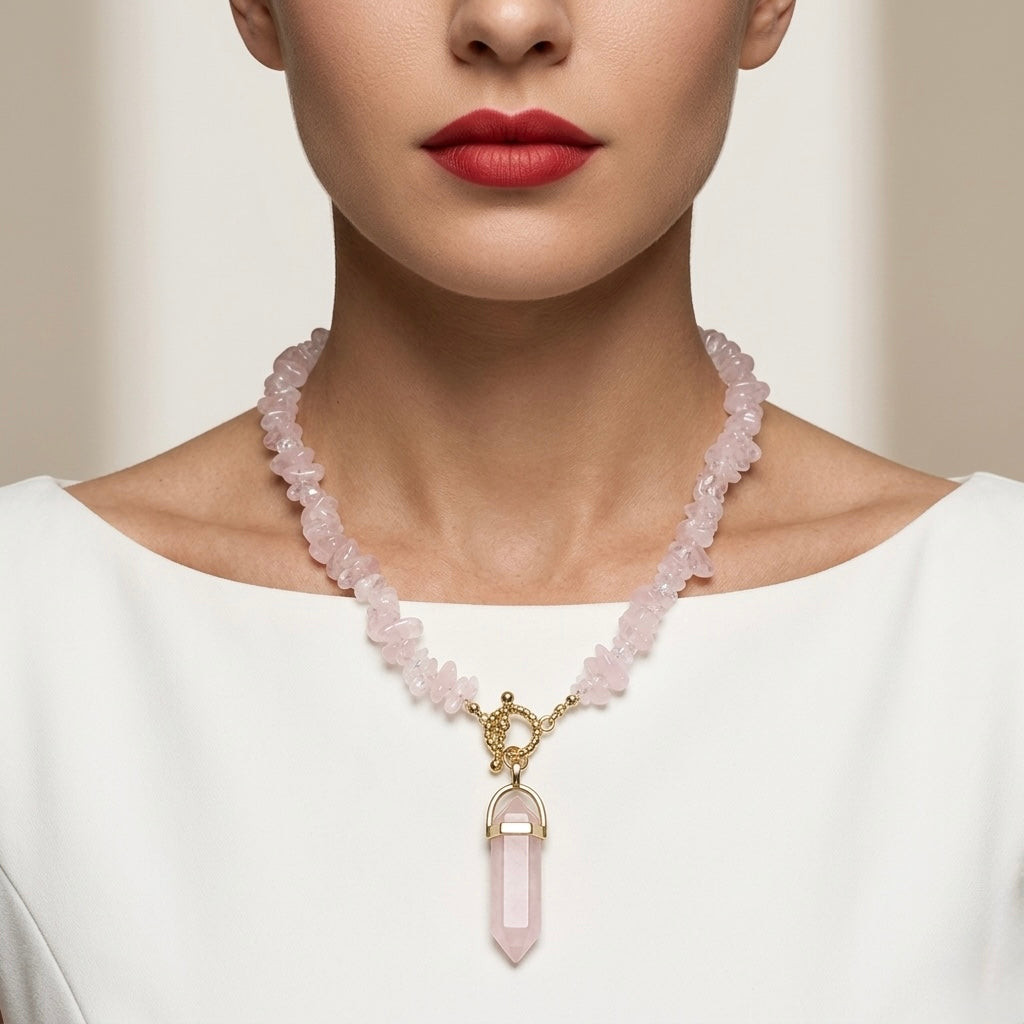 Necklace with pink stones and a gold pendant worn by a person against a neutral background