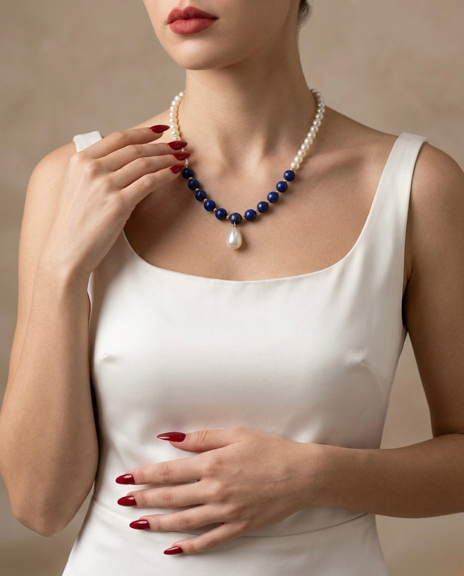 Woman wearing a pearl and blue beaded necklace against a neutral background