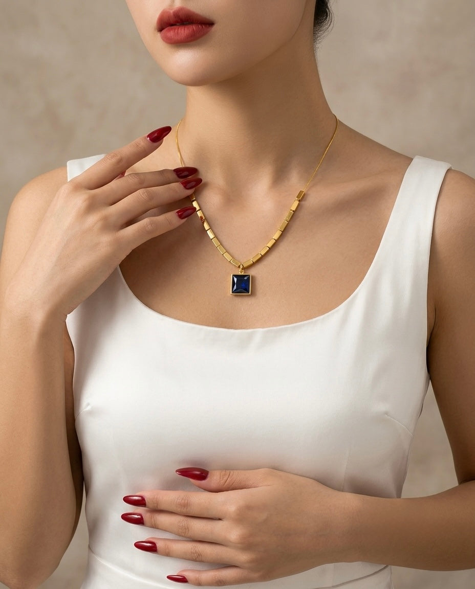 Blue Quartz Gold Bar Pendant Necklace