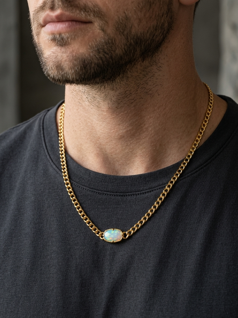 Man wearing a gold chain necklace with an opal pendant on a dark shirt.