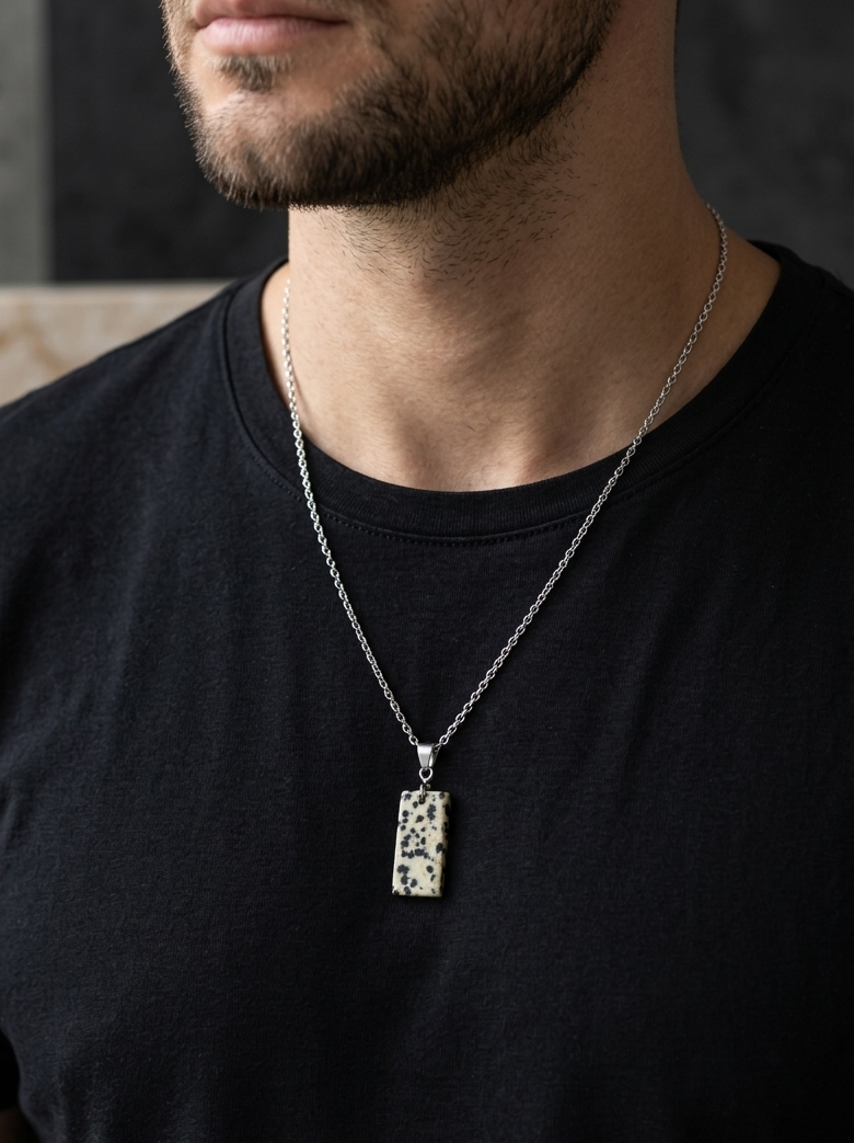 Man wearing a black t-shirt with a silver necklace featuring a pendant.