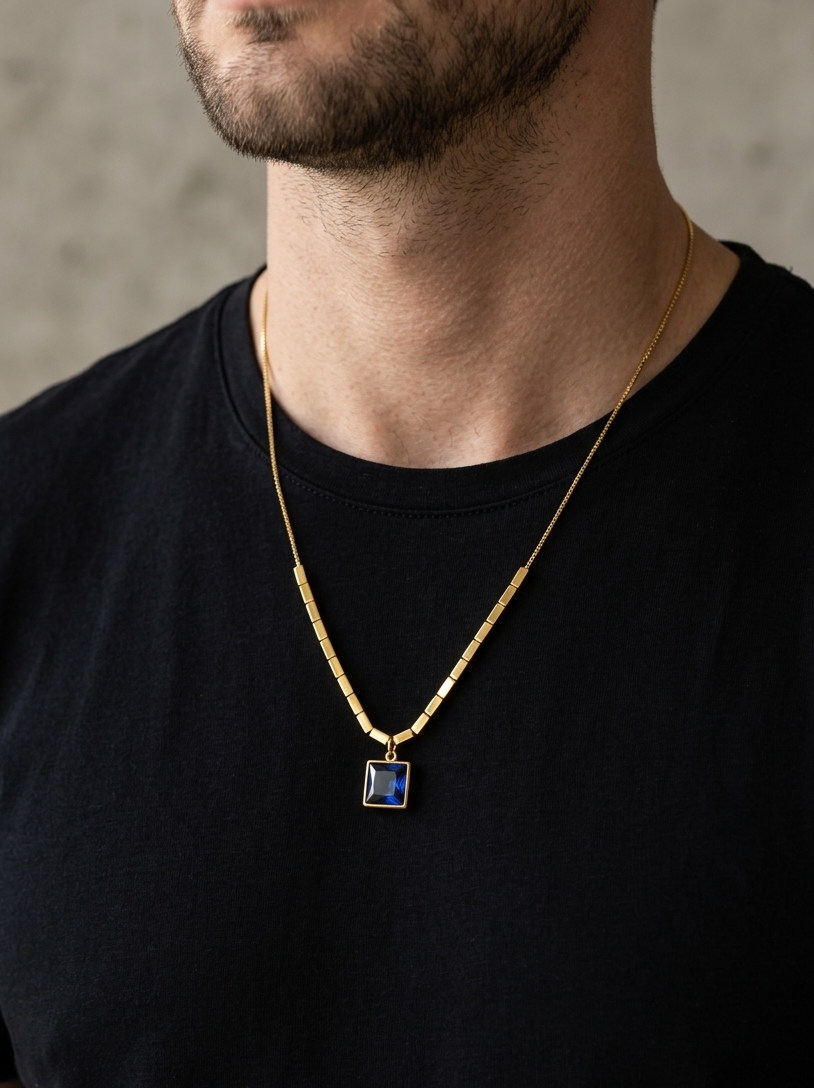 Man wearing a gold necklace with a blue pendant against a neutral background