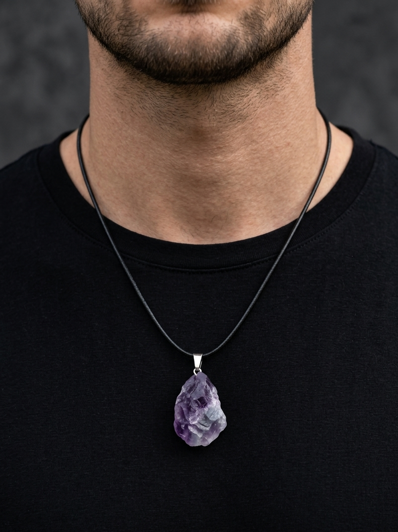 Man wearing a black shirt with a purple amethyst pendant necklace.