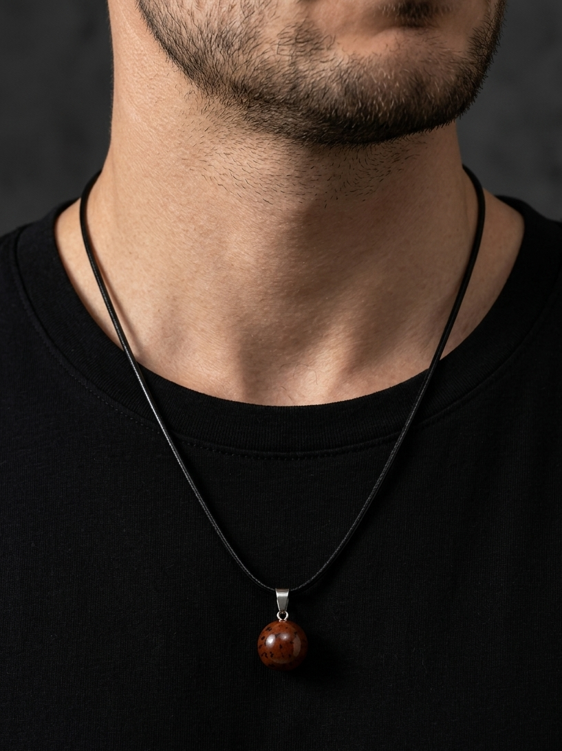 Man wearing a black shirt with a necklace featuring a brown pendant against a dark background