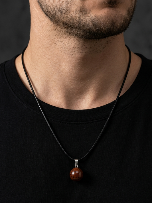 Man wearing a black shirt with a necklace featuring a brown pendant against a dark background