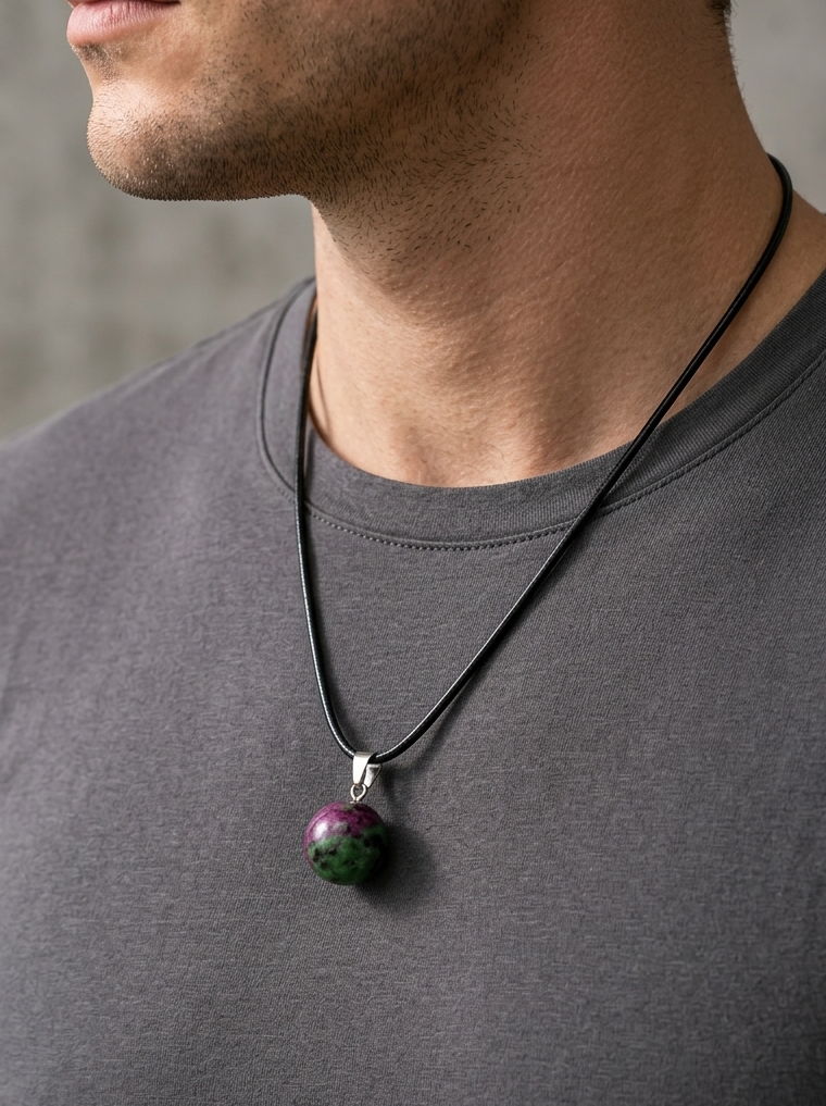 Man wearing a gray t-shirt with a necklace featuring a multicolored pendant.