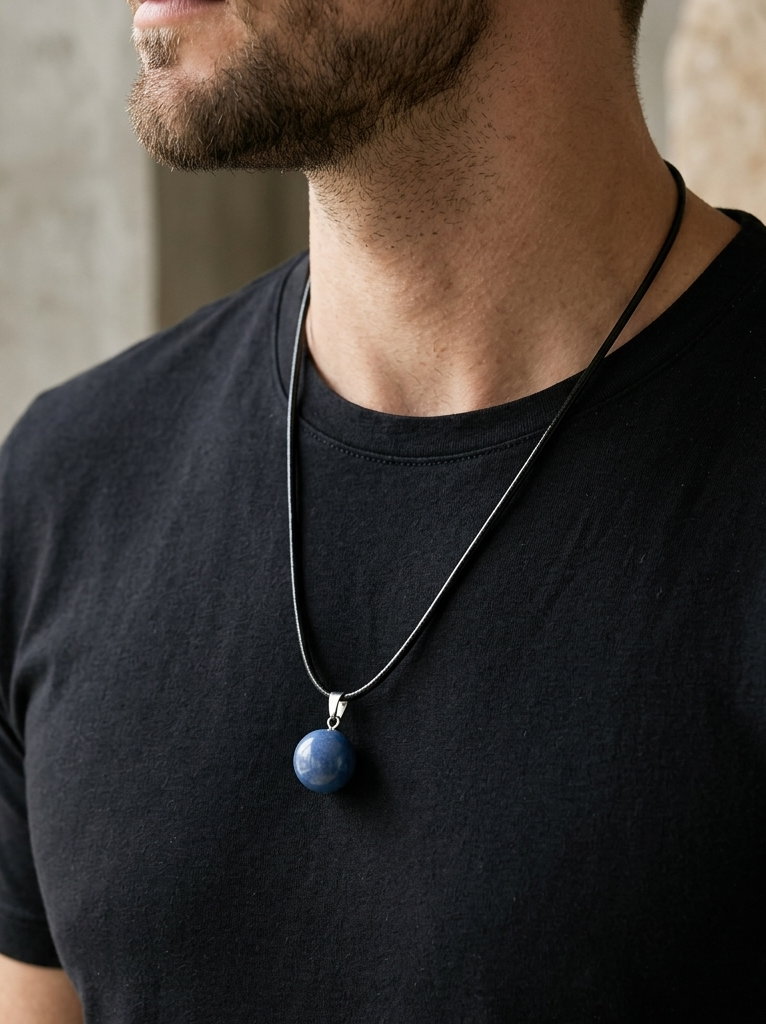 Man wearing a black t-shirt with a necklace featuring a blue pendant.