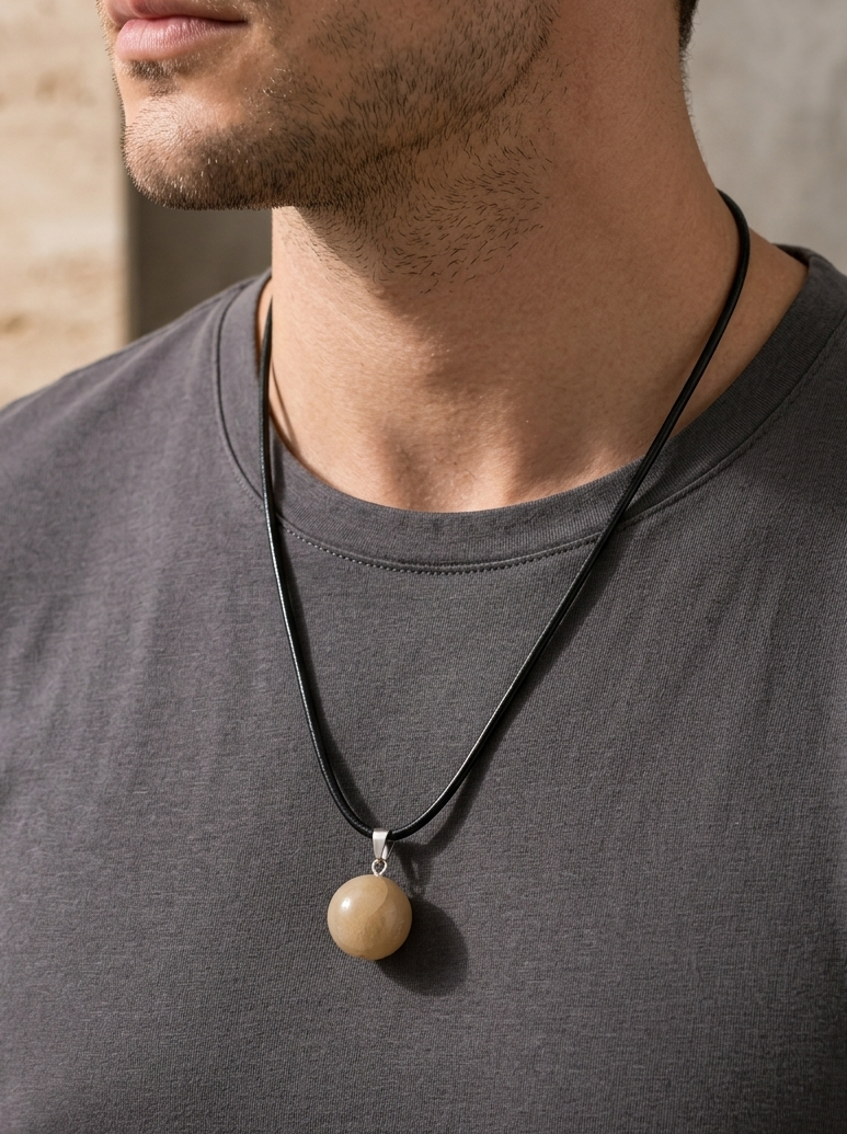 Man wearing a necklace with a round pendant on a neutral background
