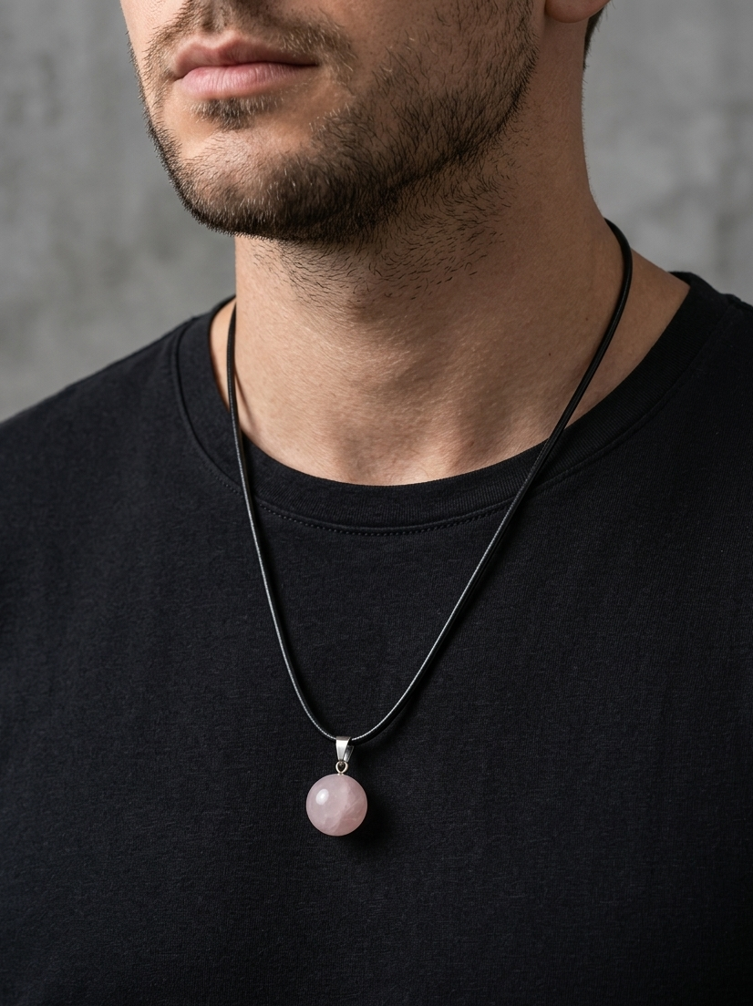 Man wearing a black shirt with a necklace featuring a pink pendant against a gray background