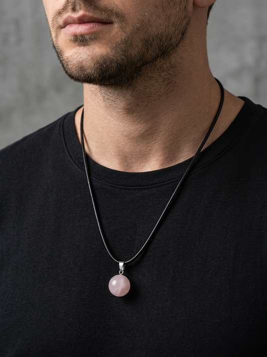 Man wearing a black shirt with a necklace featuring a pink pendant against a gray background
