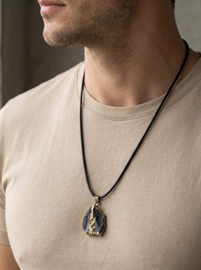 Man wearing a necklace with a pendant against a neutral background