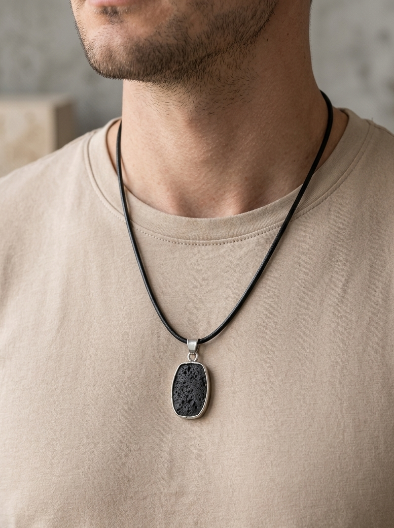 Man wearing a necklace with a black pendant on a neutral background