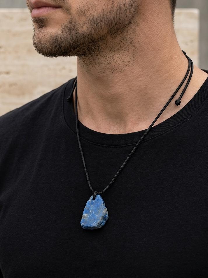 Man wearing a black t-shirt with a blue pendant necklace against a neutral background