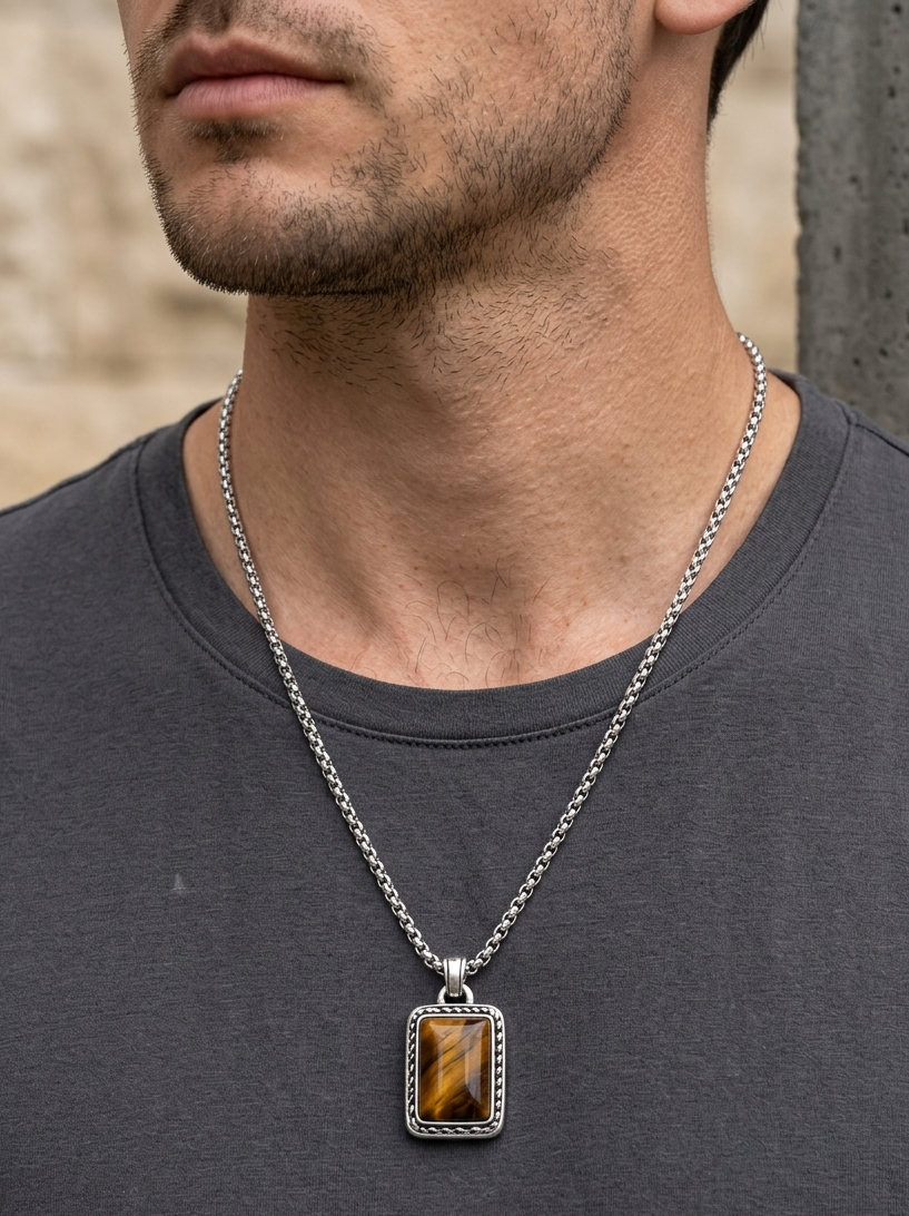 Man wearing a necklace with a rectangular pendant featuring a brown gemstone.
