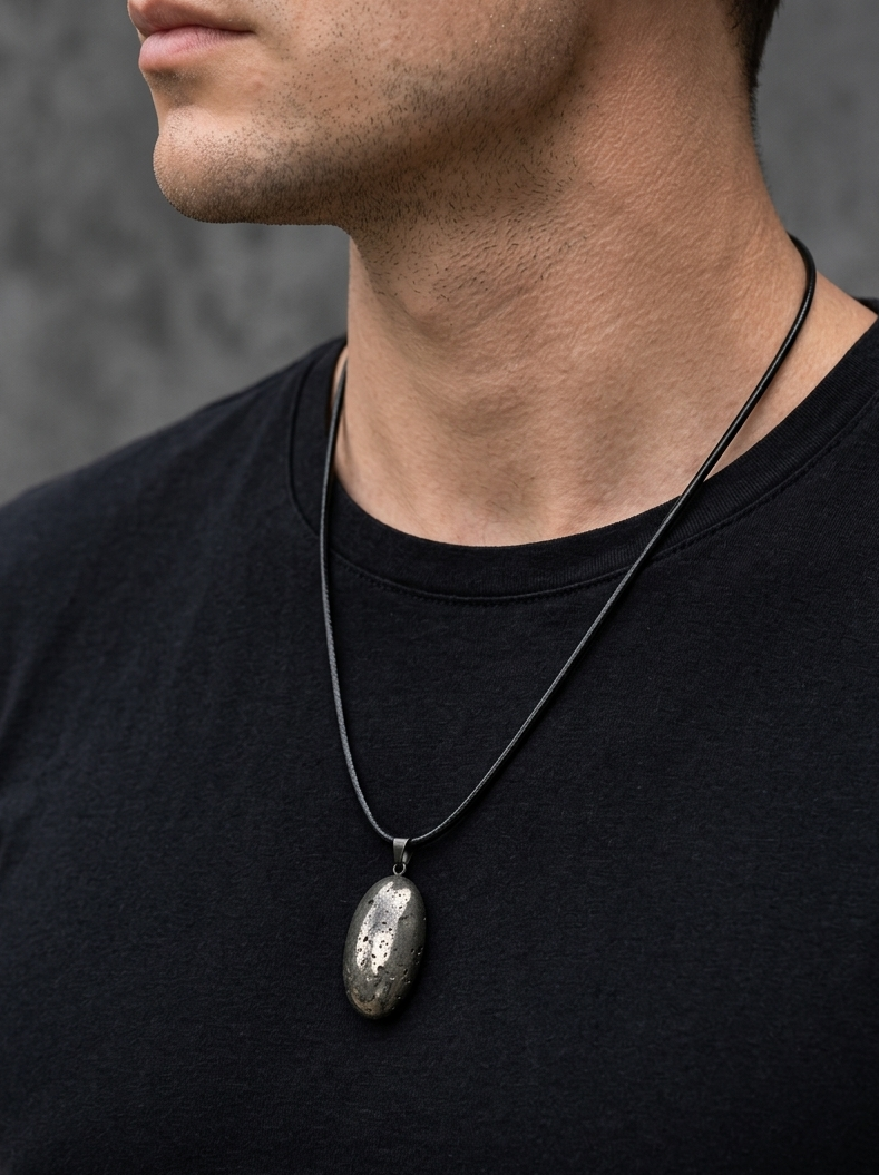 Man wearing a black t-shirt with a necklace featuring a silver pendant against a gray background