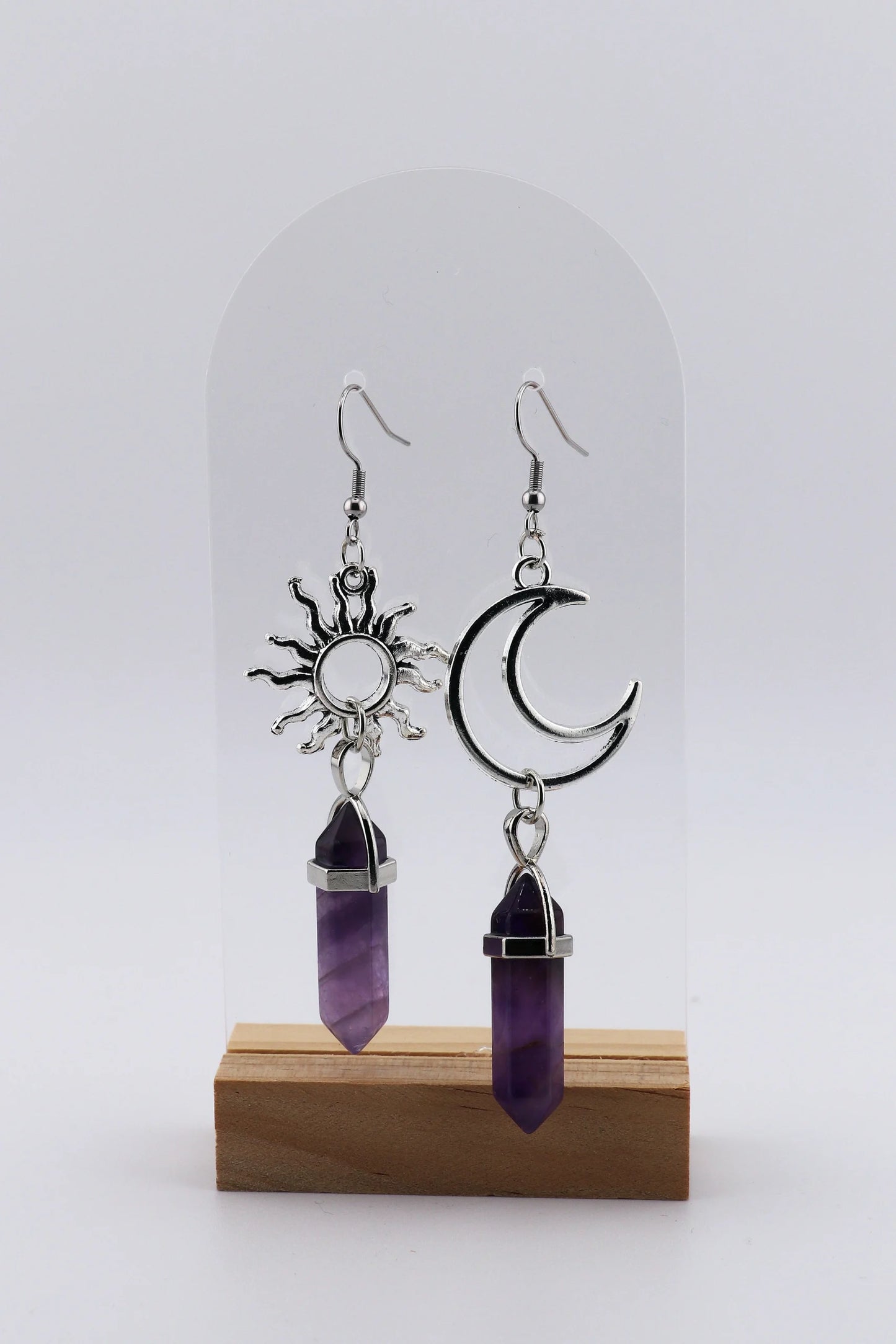 Celestial Balance – Sun & Moon Amethyst Point Earrings