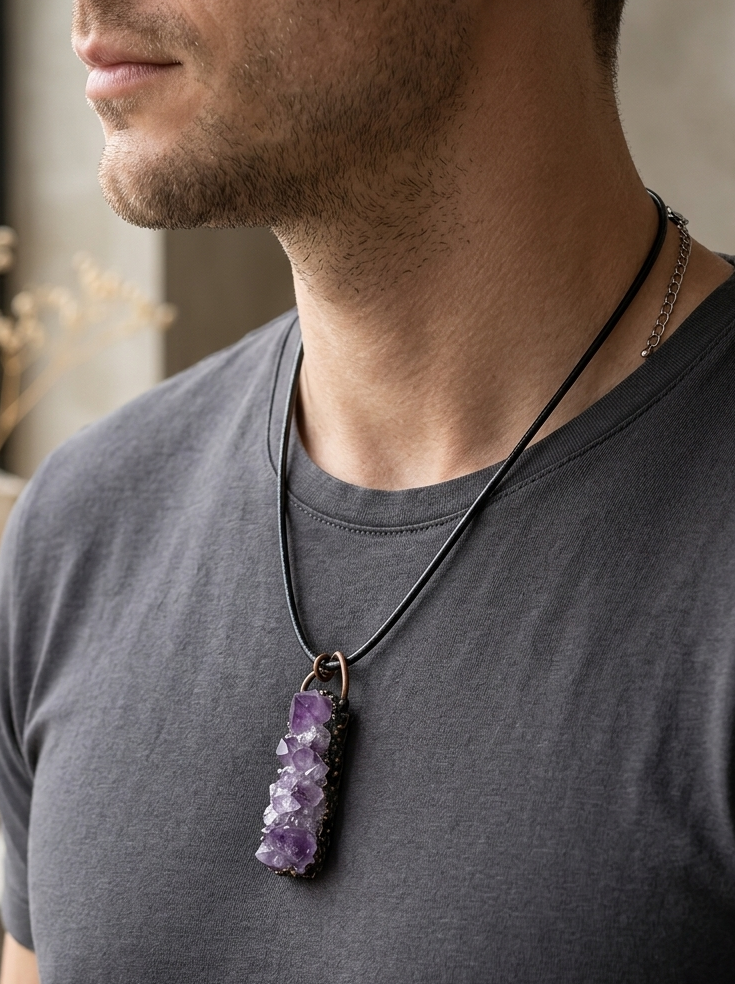 Man wearing a necklace with an amethyst pendant indoors