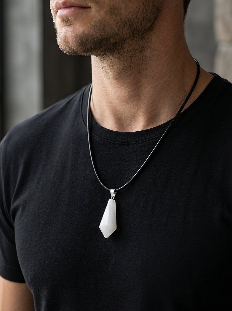 Man wearing a black t-shirt with a necklace featuring a white pendant.