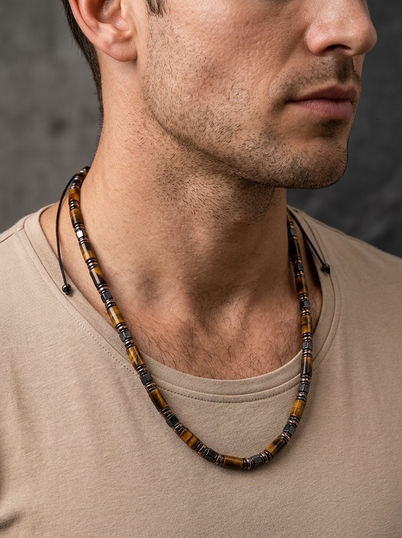 Man wearing a beaded necklace against a neutral background