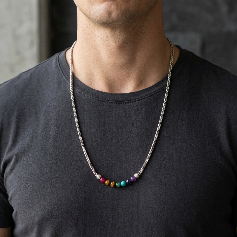 A close-up of a man wearing a silver chain necklace with a row of colorful round beads at the center, styled with a dark gray t-shirt.