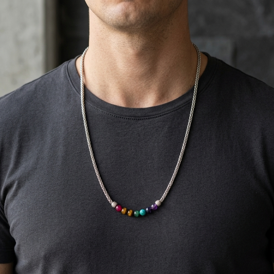 A close-up of a man wearing a silver chain necklace with a row of colorful round beads at the center, styled with a dark gray t-shirt.