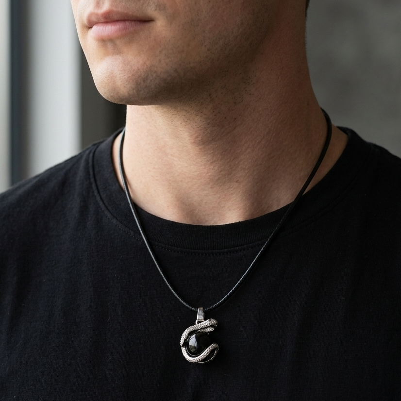 Black Onyx Serpent Guardian Men's Pendant Necklace