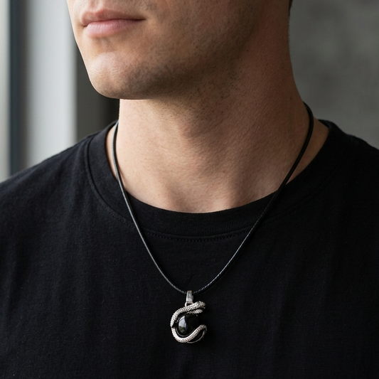 Black Onyx Serpent Guardian Men's Pendant Necklace