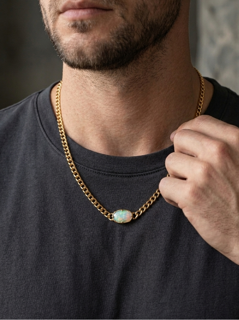 Man wearing a gold chain necklace with a central gemstone, against a neutral background.