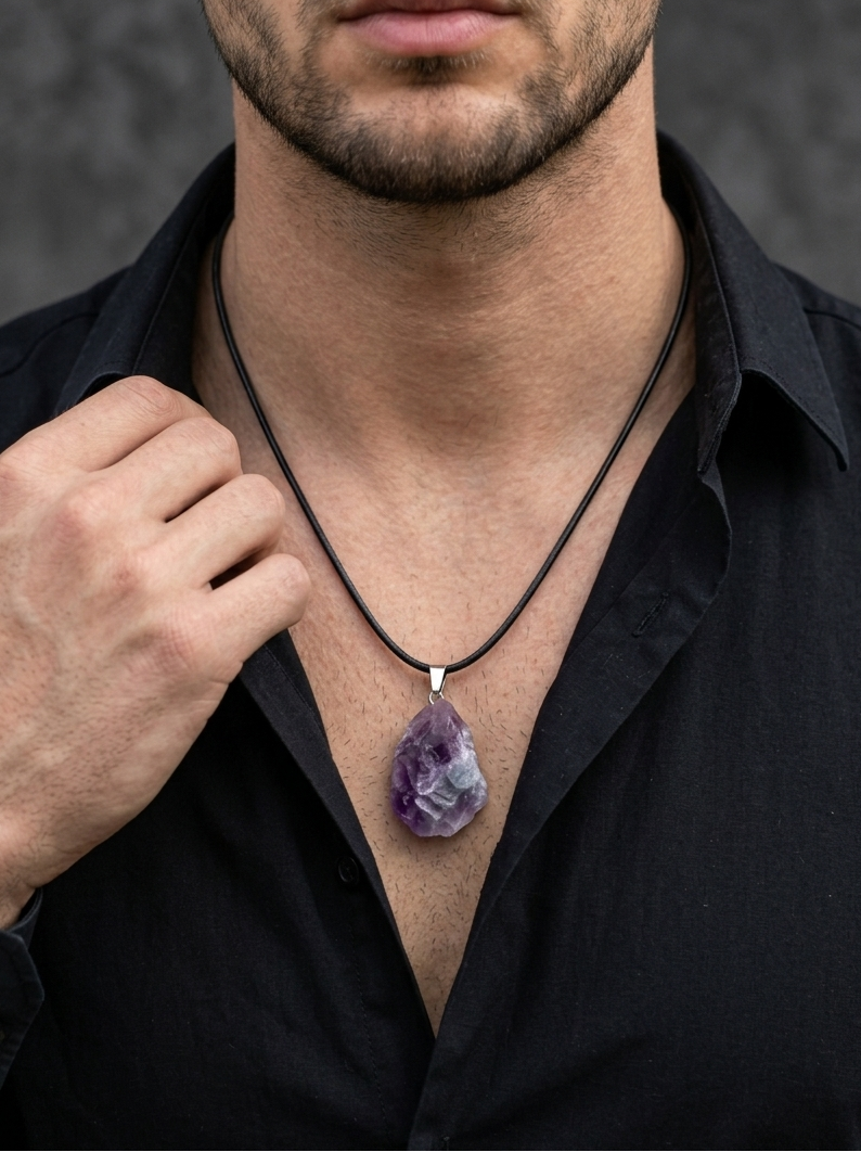 Man wearing a black shirt with a necklace featuring a purple amethyst pendant against a dark background