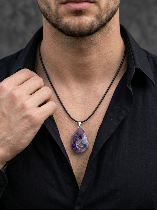 Man wearing a black shirt with a necklace featuring a purple amethyst pendant against a dark background