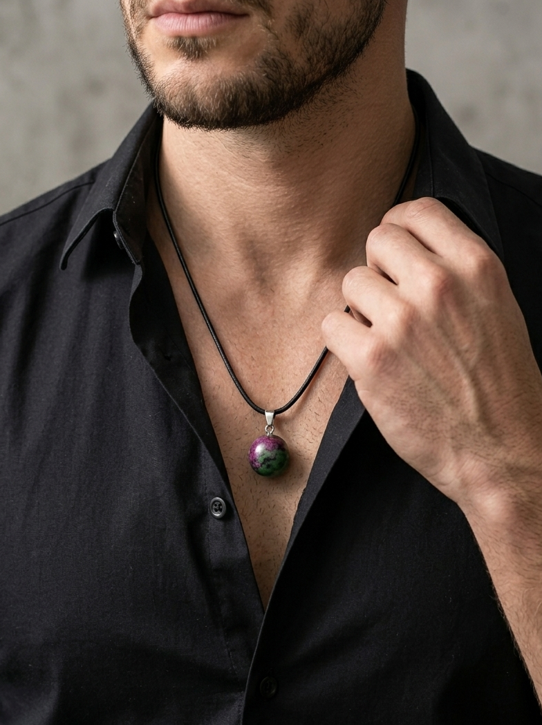 Man wearing a black shirt with a necklace featuring a multicolored pendant.