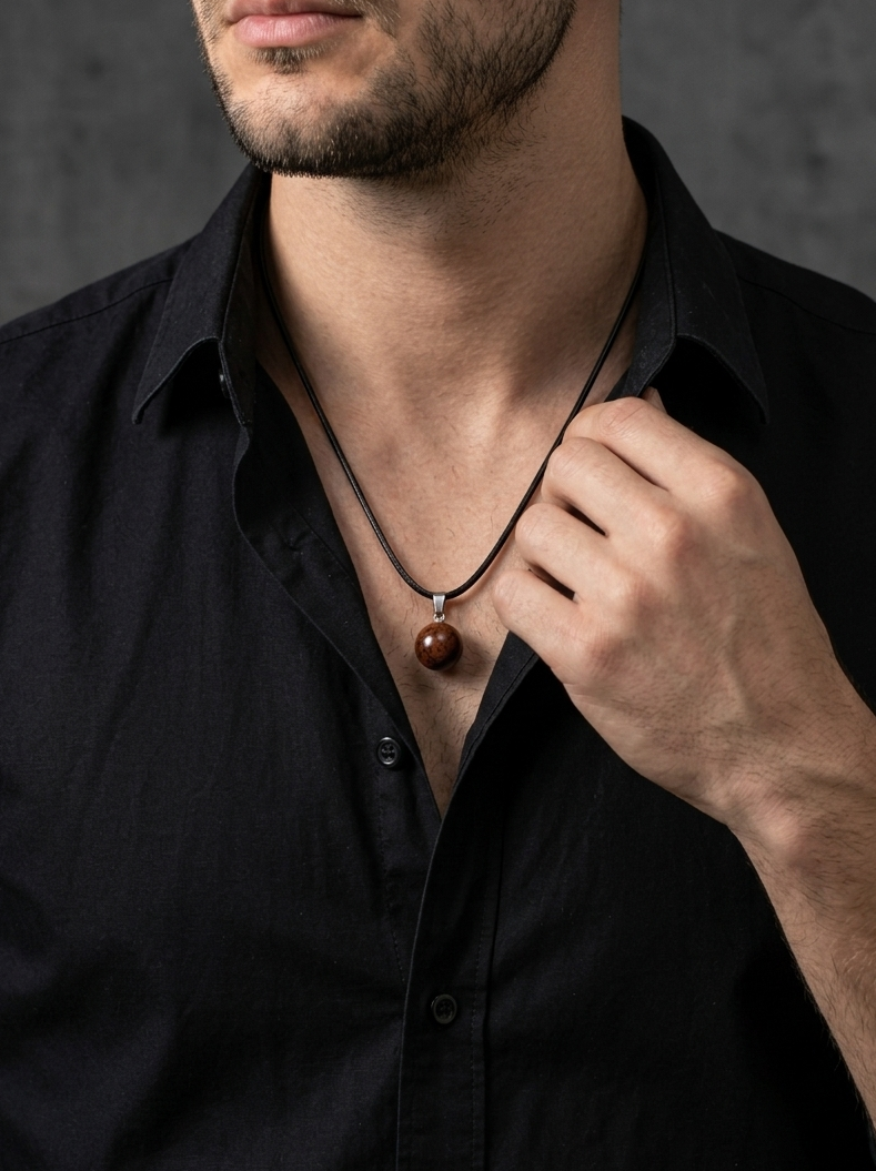 Man wearing a black shirt with a necklace against a gray background