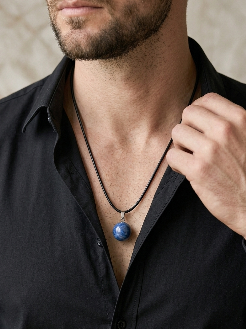 Man wearing a black shirt with a blue pendant necklace against a neutral background