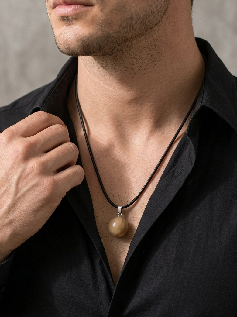 Man wearing a black shirt with a necklace featuring a large pendant against a neutral background