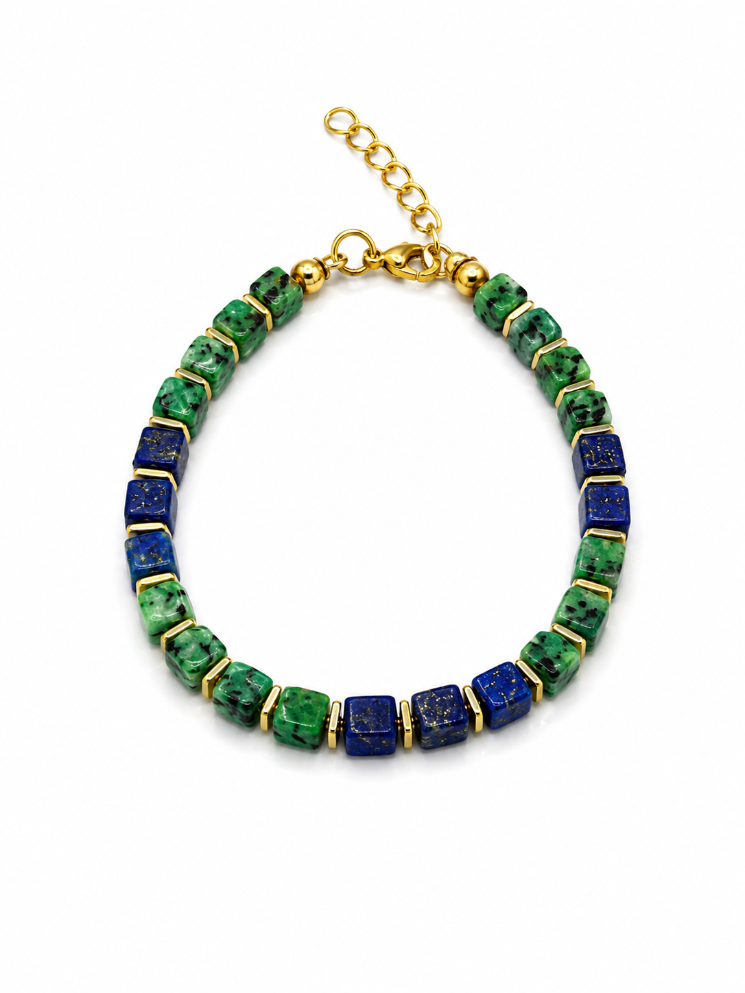 A gold-tone chain necklace featuring alternating square-cut green malachite and lapis lazuli stones, displayed on a clean white background.