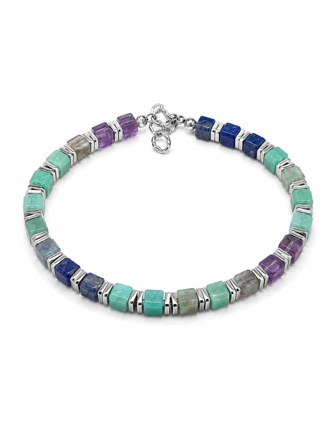 A beaded bracelet featuring alternating segments of light green turquoise, deep blue lapis lazuli, purple amethyst, and gray agate, separated by silver-toned metal spacers, with a silver clasp at the top, shown on a plain white background.