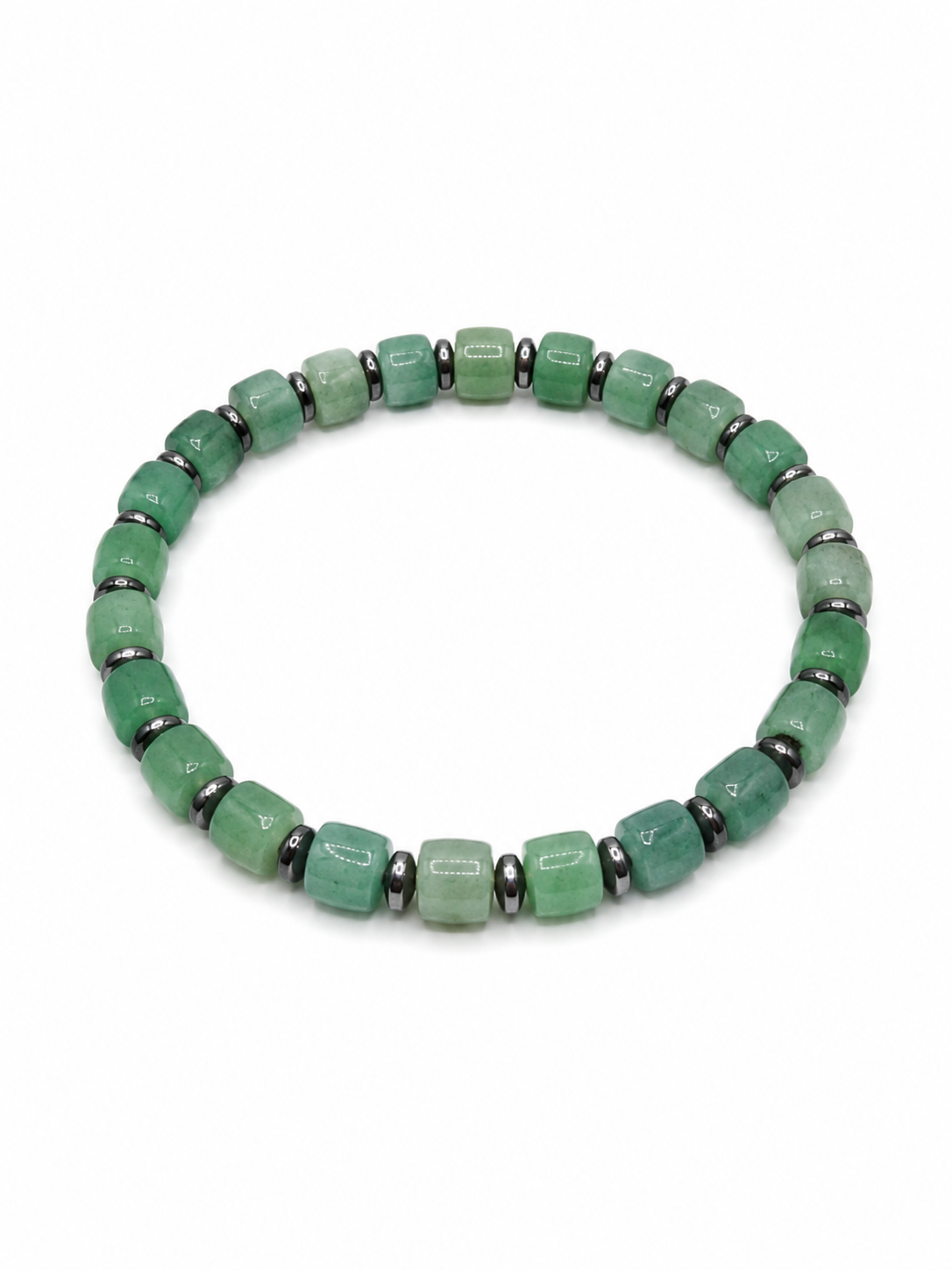 A beaded stretch bracelet featuring green faceted rectangular beads separated by small metallic spacer rings, displayed on a clean white background.