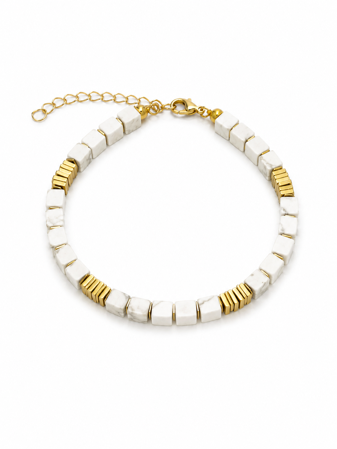 A beaded choker necklace featuring textured white square beads and polished gold spacer rings, with a gold lobster clasp and extender chain, shown on a plain white background.