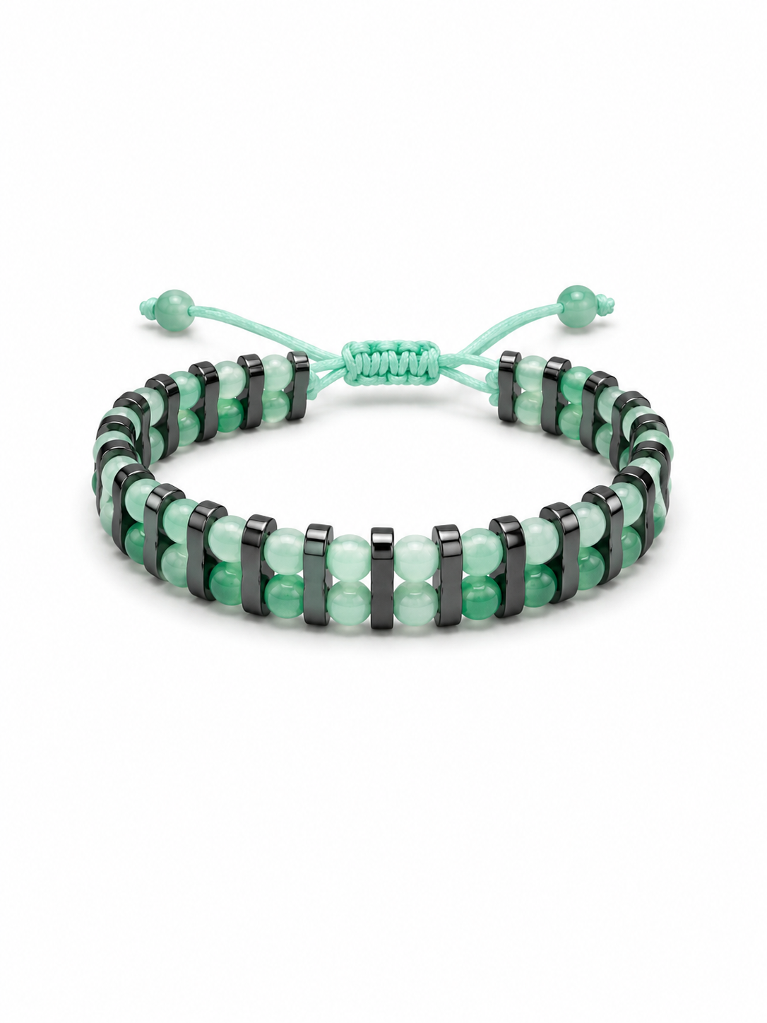A beaded adjustable cord bracelet featuring mint green translucent beads, light green beads, and dark gray spacer rings, displayed on a clean white background.