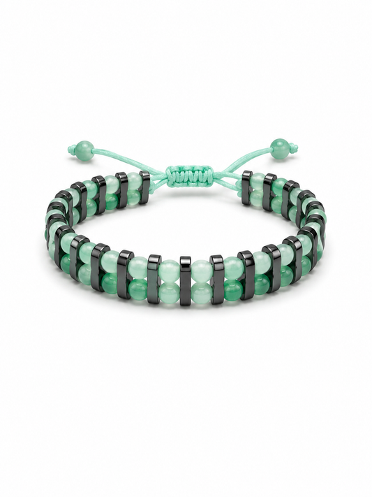 A beaded adjustable cord bracelet featuring mint green translucent beads, light green beads, and dark gray spacer rings, displayed on a clean white background.