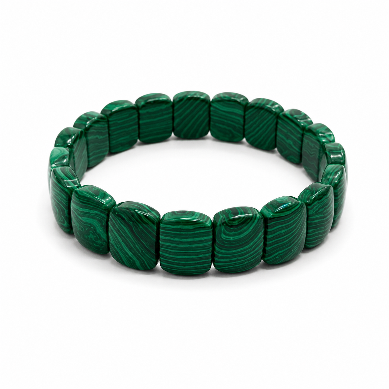 A green beaded stretch bracelet made of polished rectangular stone beads with natural malachite-like banding, shown on a plain white background.