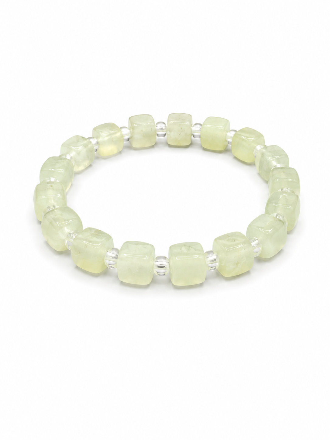 A beaded stretch bracelet featuring pale yellow-green translucent square beads separated by small silver spacer beads, shown on a plain white background.