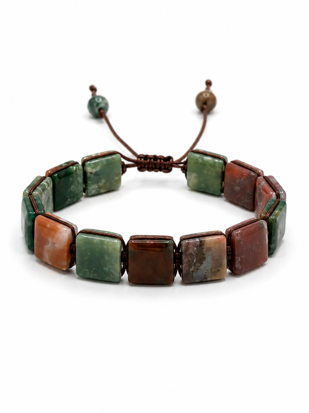 A beaded adjustable cord bracelet featuring square-cut natural stone beads in green, reddish-brown, and orange, with a brown sliding knot closure.