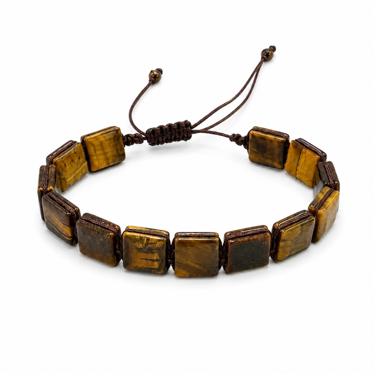 A square-beaded bracelet made of polished tiger's eye stones in brown and gold tones, strung on a dark brown adjustable cord with a knotted closure, shown on a plain white background.