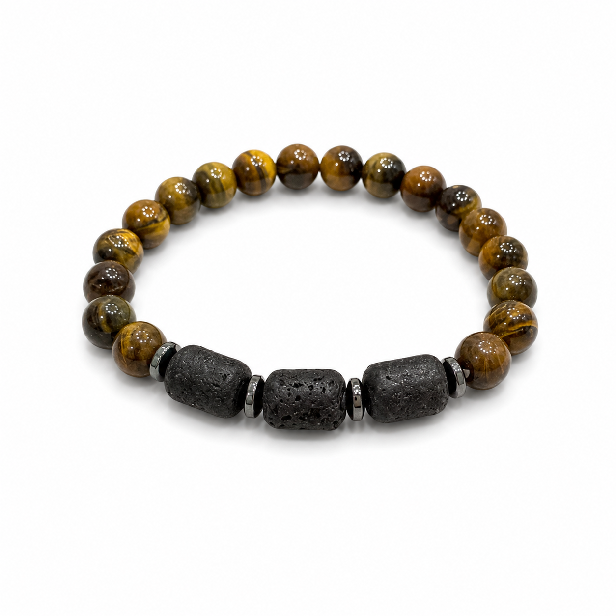 A beaded stretch bracelet featuring round brown and gold tiger's eye beads, accented by two dark charcoal lava stone beads and small silver spacer rings, shown on a plain white background.