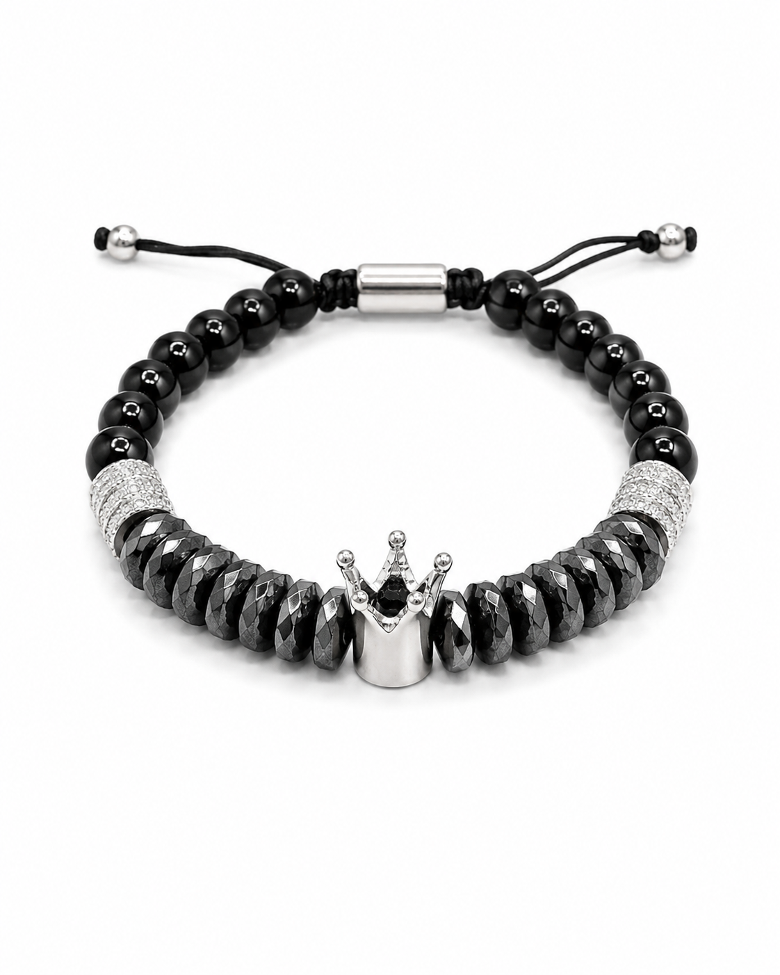 A black beaded bracelet with a silver crown charm, featuring faceted black beads, textured silver spacer rings, and an adjustable black cord closure with silver metal tips.