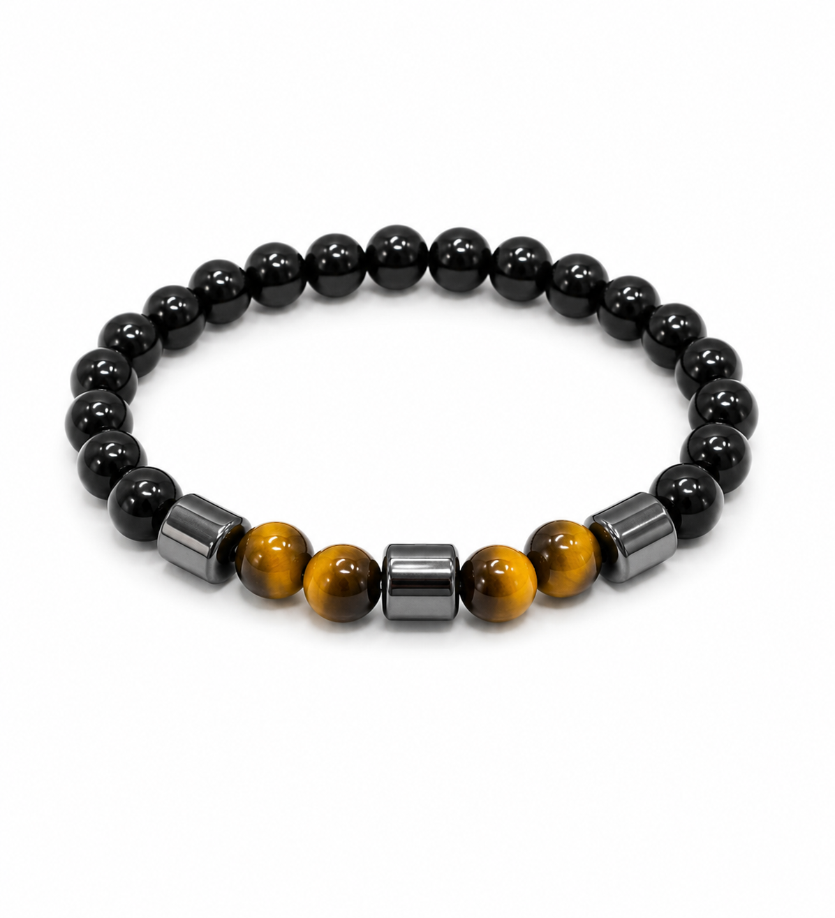 A beaded stretch bracelet featuring glossy black round beads, three tiger's eye beads showing brown and yellow banding, and three dark metallic cylindrical spacer beads, all arranged in a circle on a plain white background.