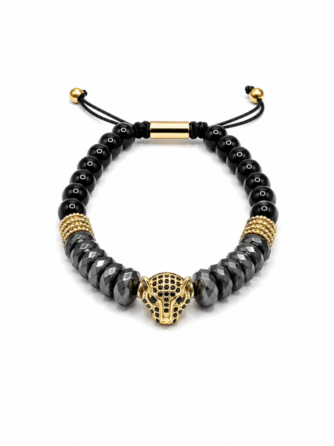 A men's beaded bracelet featuring faceted black beads, textured gold spacer beads, a central gold panther head charm, and an adjustable black cord slider with gold accents, shown on a white background.
