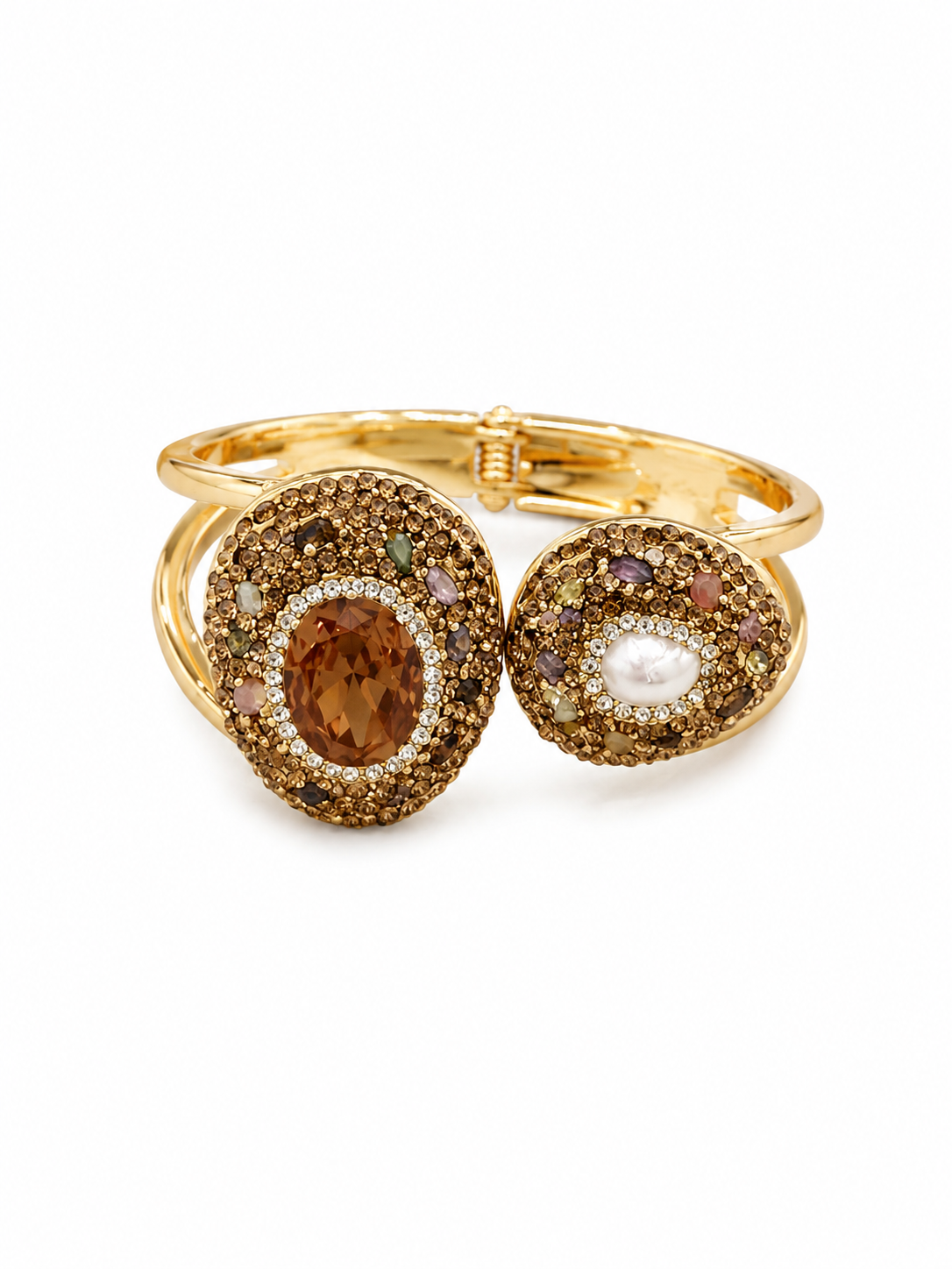 Imperial Citrine & Pearl Mosaic Luxe Cuff Bracelet featuring Natural Citrine, Freshwater Pearl, multi-gemstone mosaic, pavé zircon detailing, and Gold PVD-Plated (Non-Tarnish) finish on a white background.
